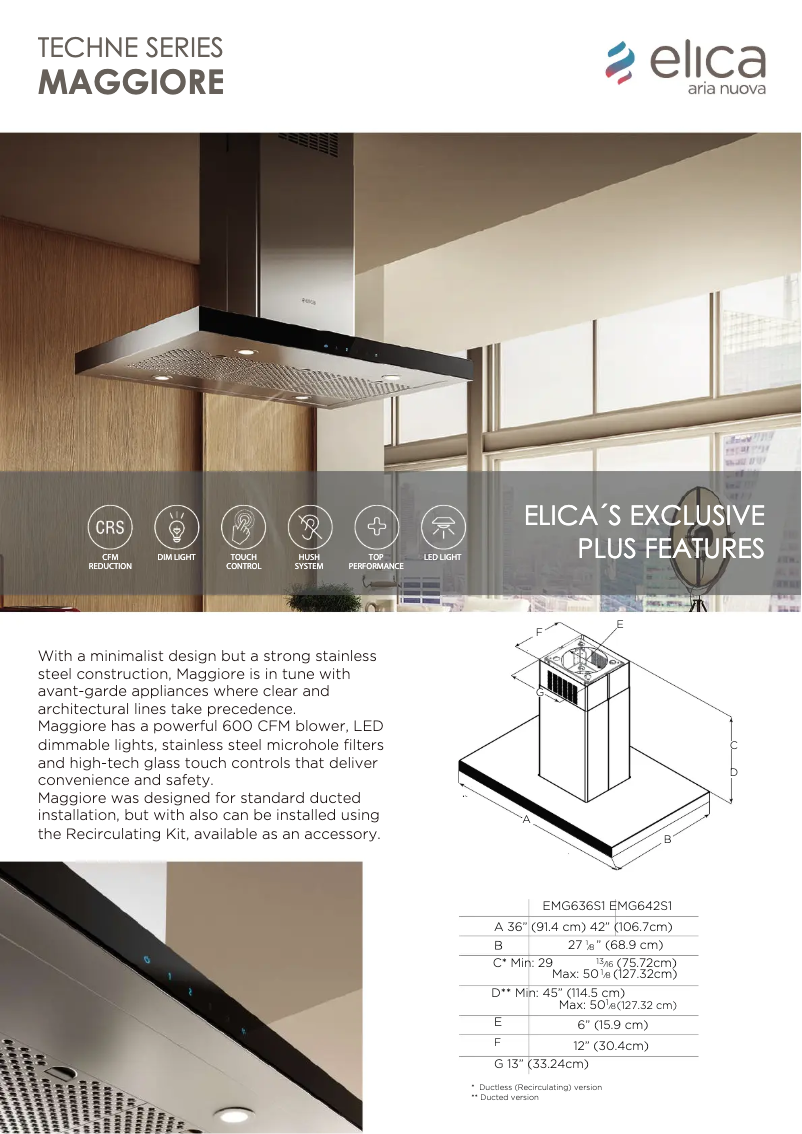 Page 1 de la notice Fiche technique Elica Maggiore EMG636S1