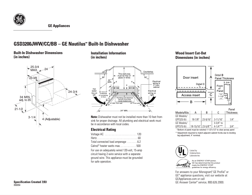 Page 1 de la notice Fiche technique GE Nautilus GSD3200JBB