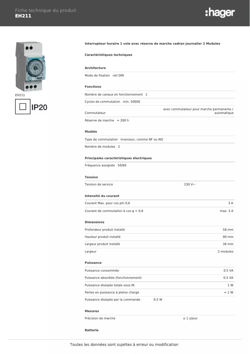 Page 1 de la notice Fiche technique Hager EH211