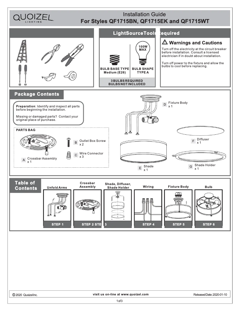 Page 1 de la notice Manuel utilisateur Quoizel Calvary QF1715EK