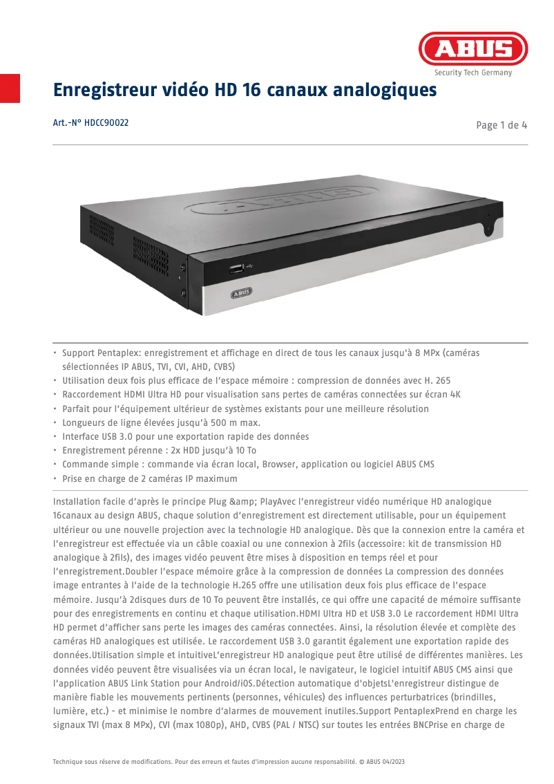 Page n°1 - Fiche technique Abus HDCC90022
