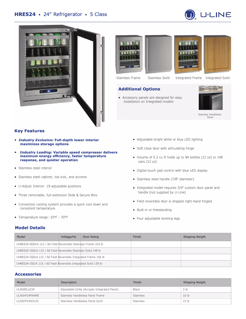 Page 1 de la notice Fiche technique U-Line UHRE524-SS01A