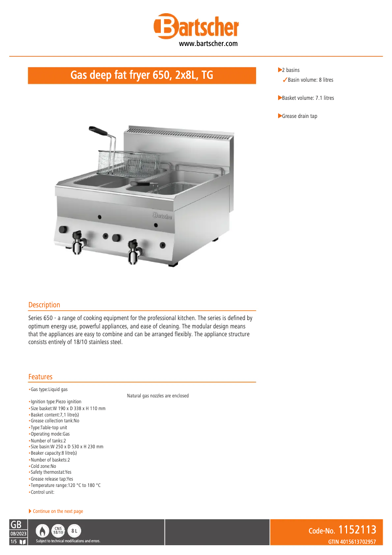 Page n°1 - Fiche technique Bartscher 1152113
