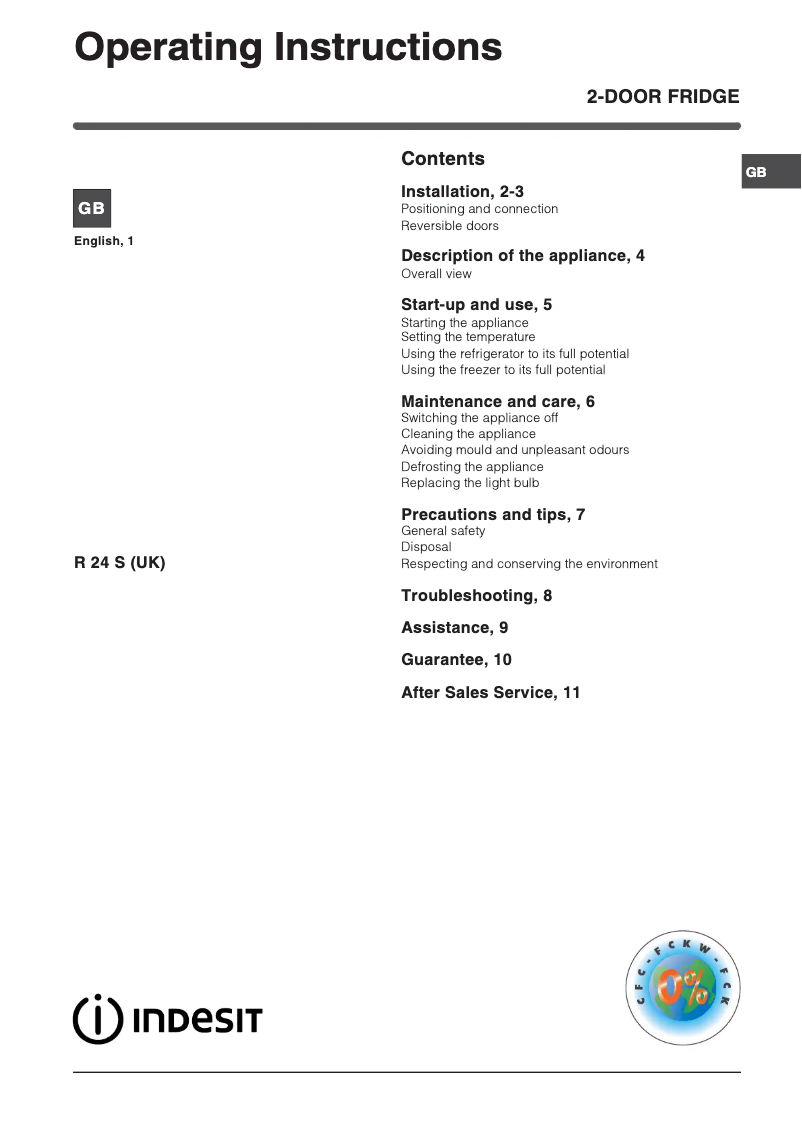 Page n°1 - Manuel utilisateur Indesit RA 24 S (UK)