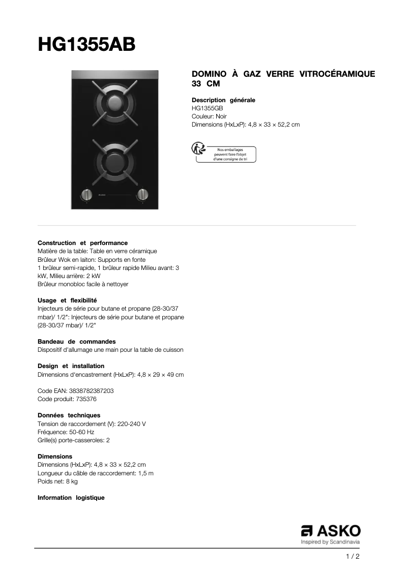 Page 1 de la notice Fiche technique Asko HG1355GB