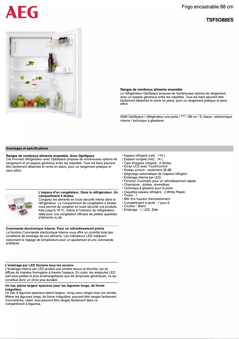Page 1 de la notice Fiche technique AEG TSF5O88ES