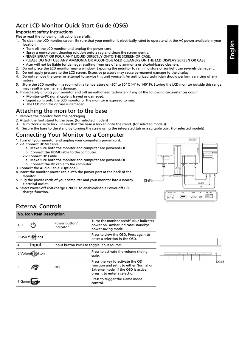 Page 1 de la notice Guide de démarrage rapide Acer XB271HUA
