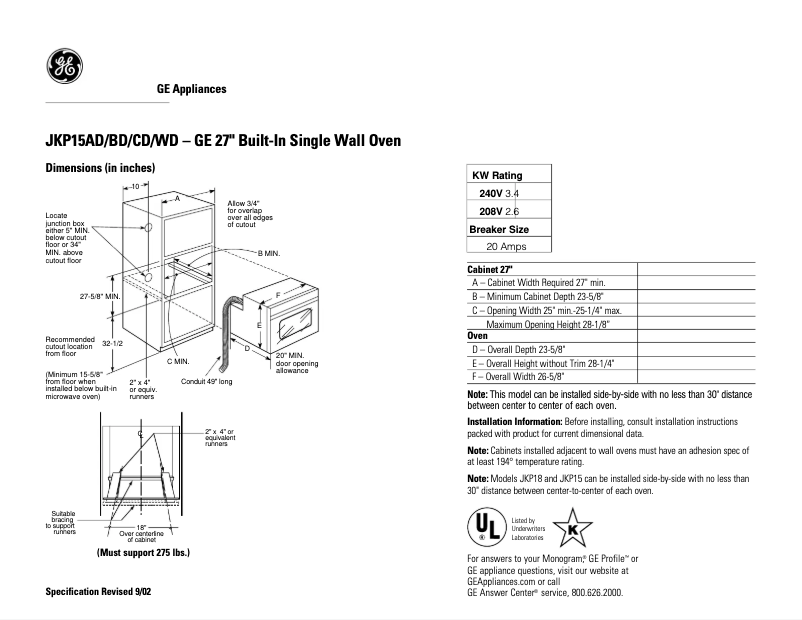 Page n°1 - Fiche technique GE JKP15BDBB