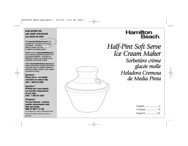 Page 1 de la notice Manuel utilisateur Hamilton Beach 68550E