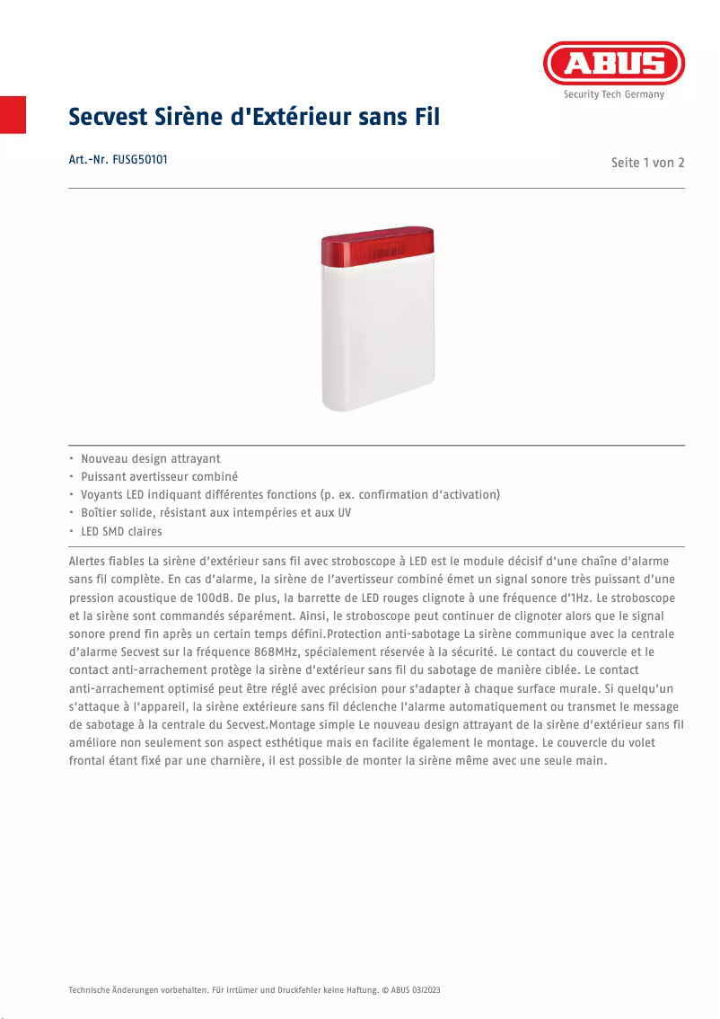 Page n°1 - Fiche technique Abus FUSG50101