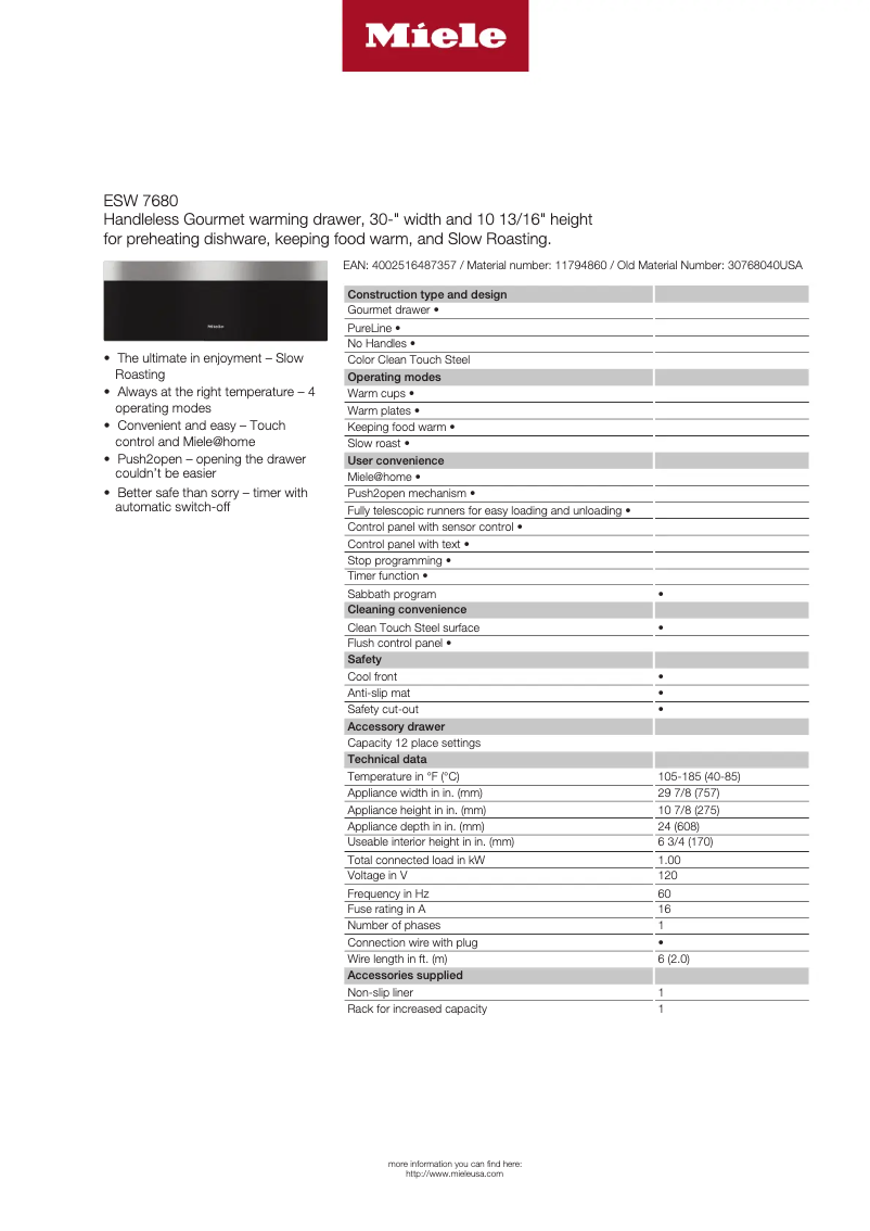 Page 1 de la notice Fiche technique Miele ESW 7680