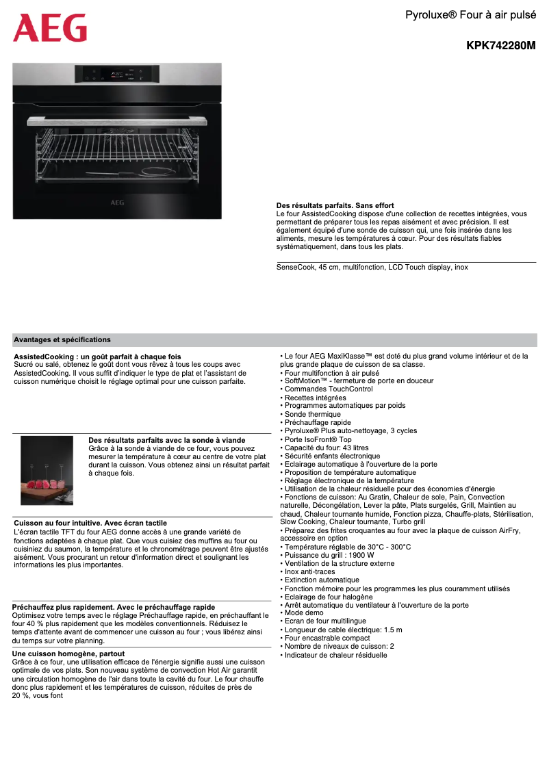Page 1 de la notice Fiche technique AEG KPK742280M