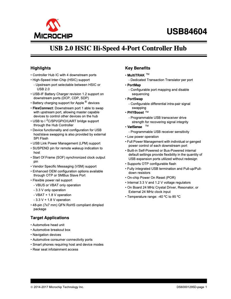 Page 1 de la notice Fiche technique Microchip USB84604