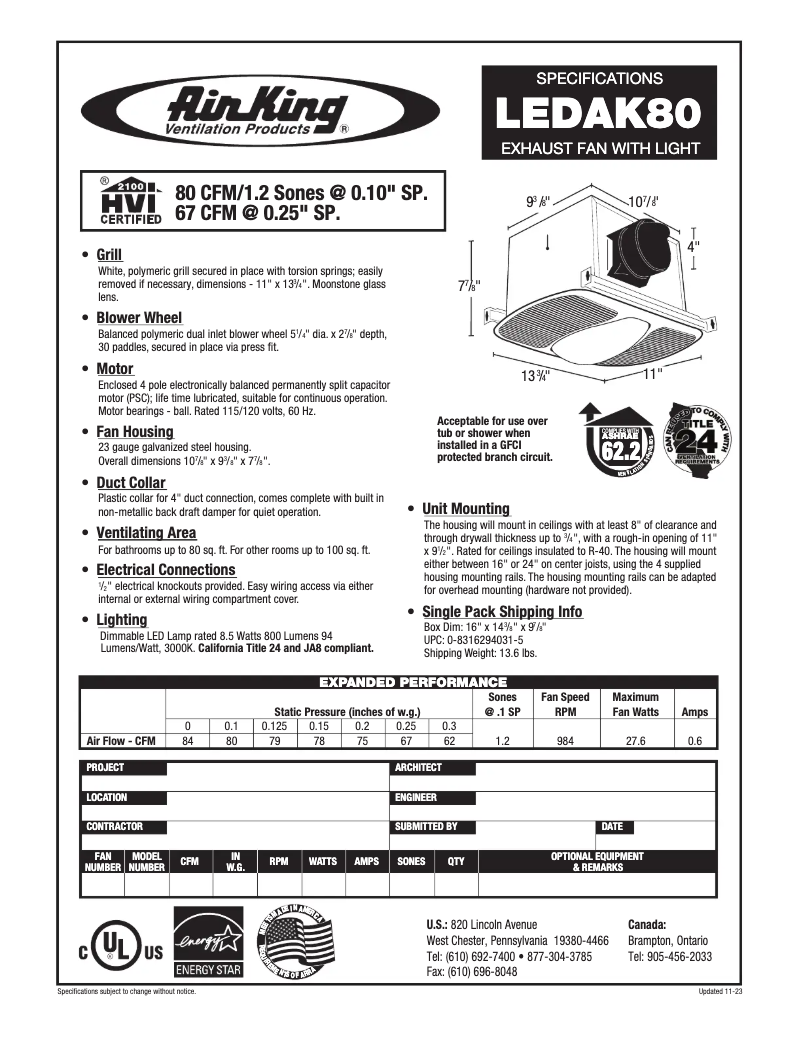 Página 1 del manual Ficha técnica Air King LEDAK80