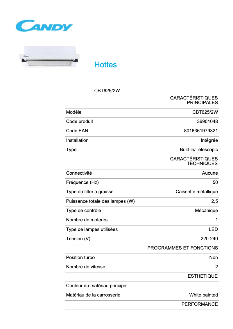 Page 1 de la notice Fiche technique Candy CBT625/2W