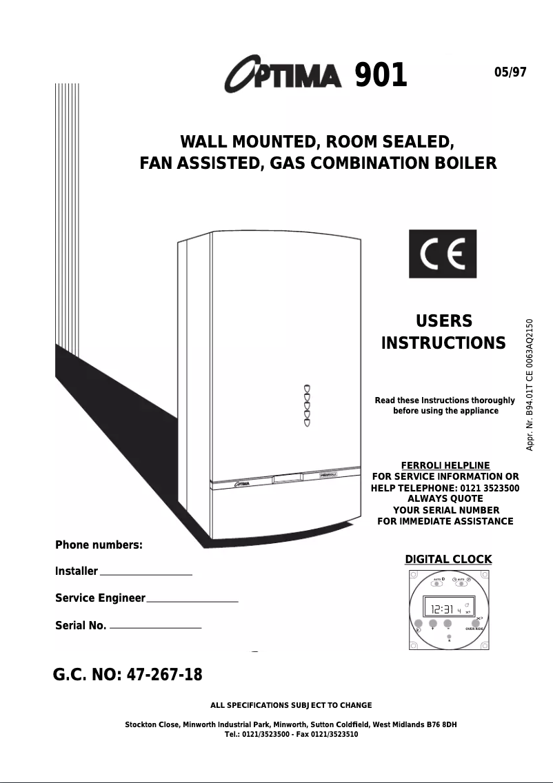 Page 1 de la notice Manuel utilisateur Ferroli Optima 901