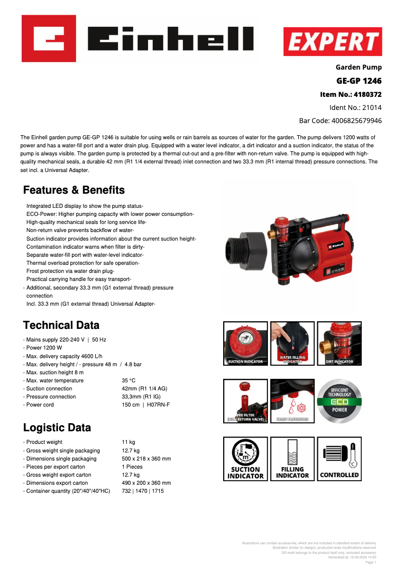 Page 1 de la notice Fiche technique Einhell GE-GP 1246