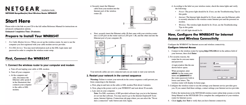 Page 1 de la notice Guide d'installation Netgear RangeMax WNR854T