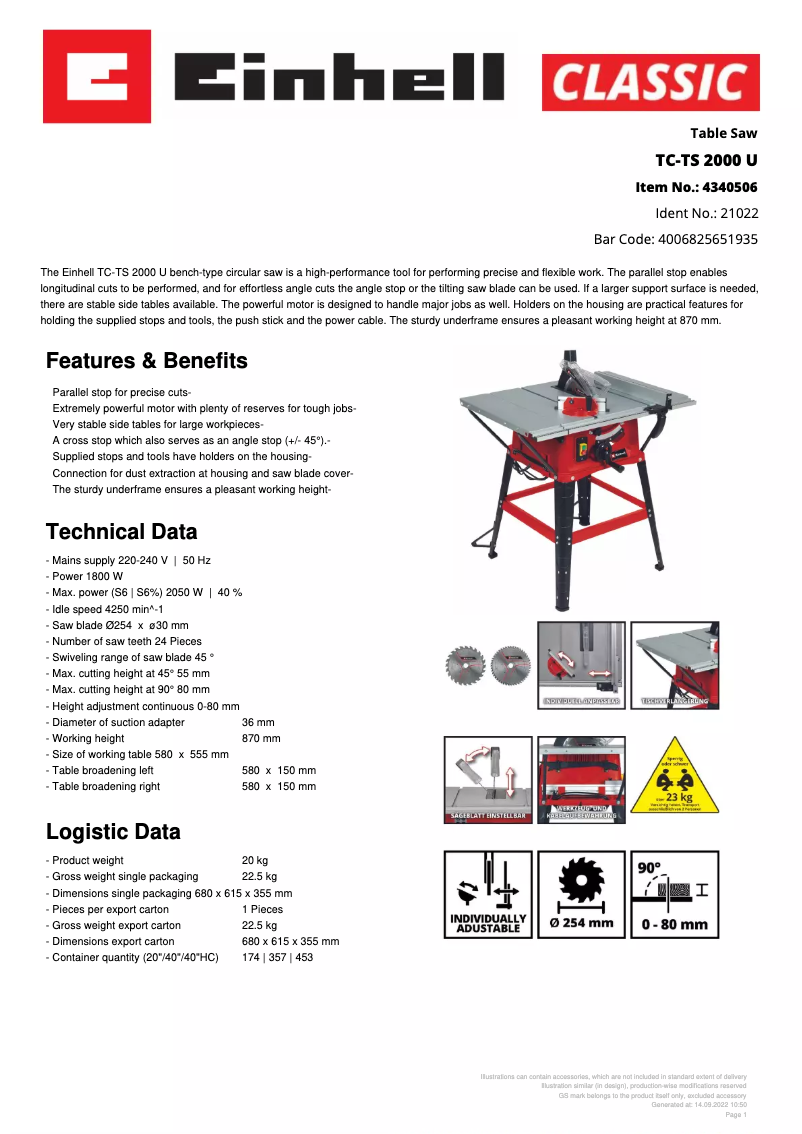 Page 1 de la notice Fiche technique Einhell TC-TS 2000 U