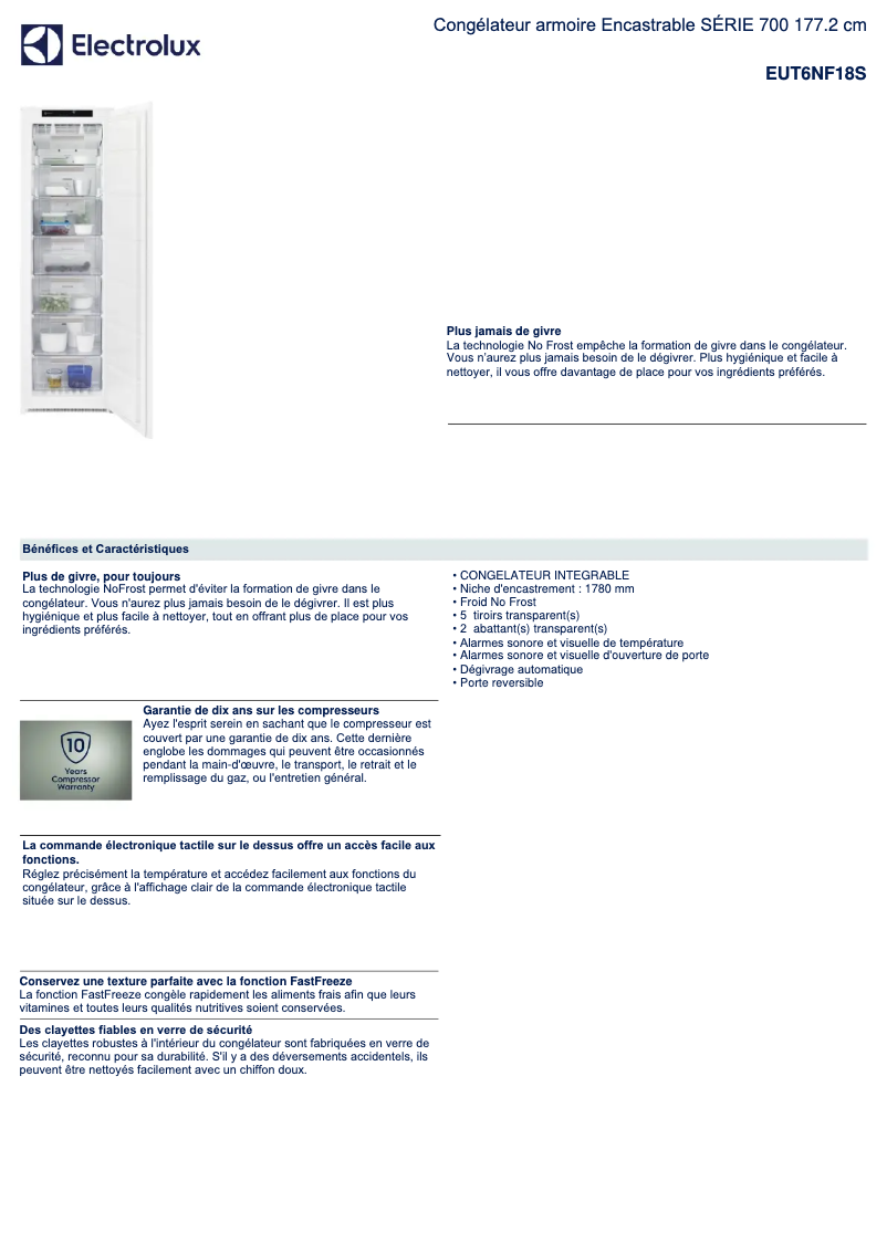 Page 1 de la notice Fiche technique Electrolux EUT6NF18S