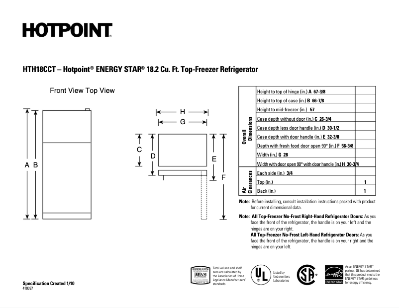 Page 1 de la notice Fiche technique Hotpoint HTH18CCTRWW