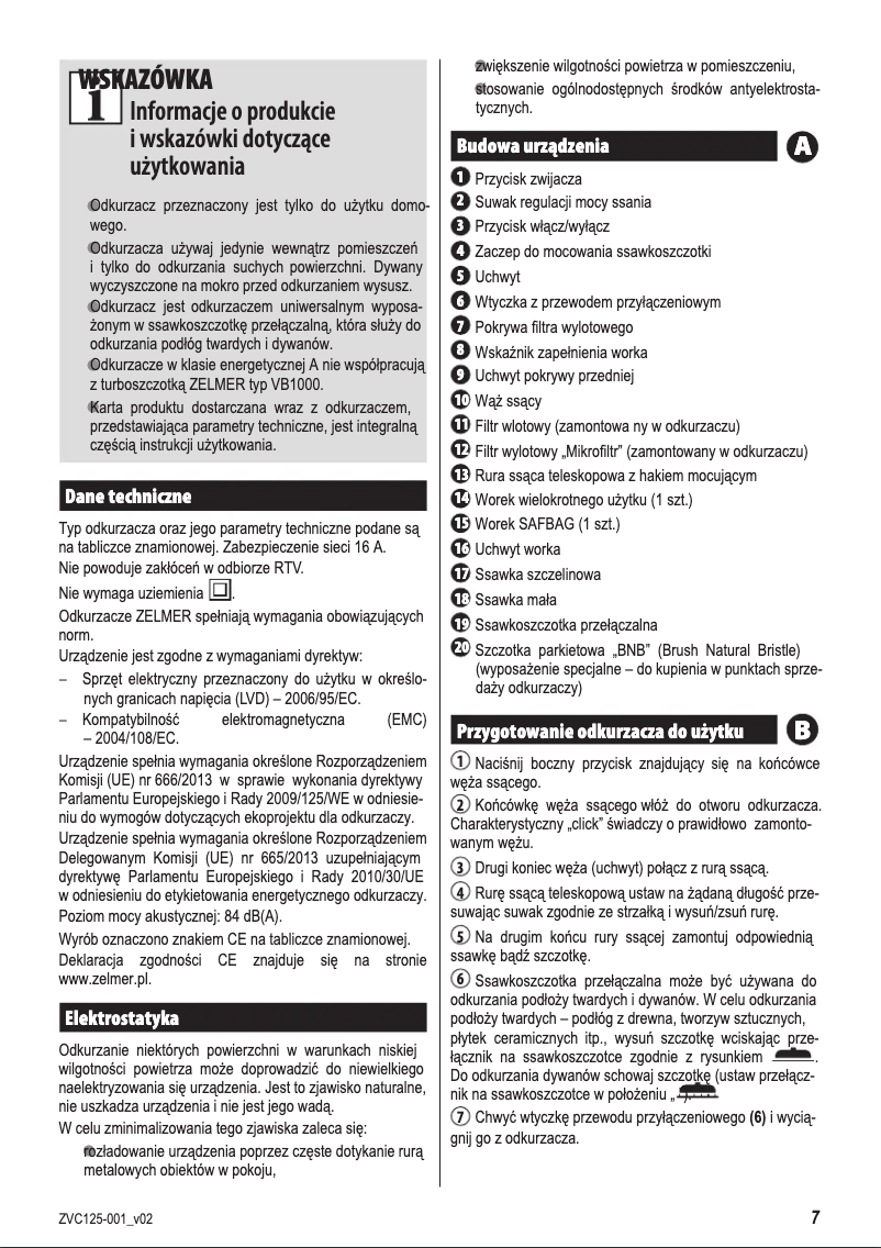 Página 1 del manual Manual de usuario Zelmer ZVC125EK