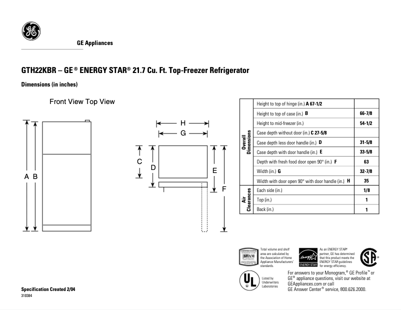 Page 1 de la notice Fiche technique GE GTH22KBRWW