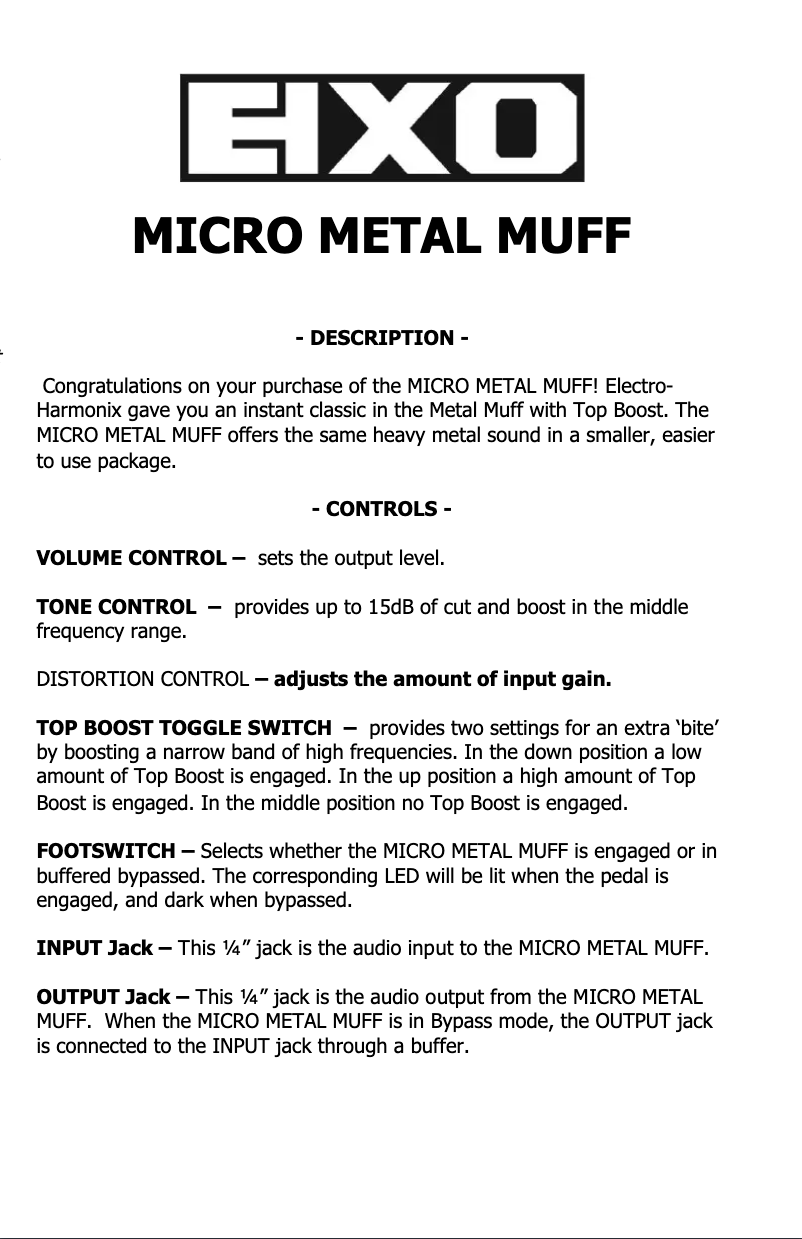 Page 1 de la notice Manuel utilisateur Electro Harmonix Micro Metal Muff