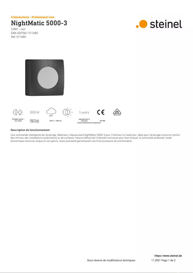Page 1 de la notice Fiche technique Steinel NightMatic 5000
