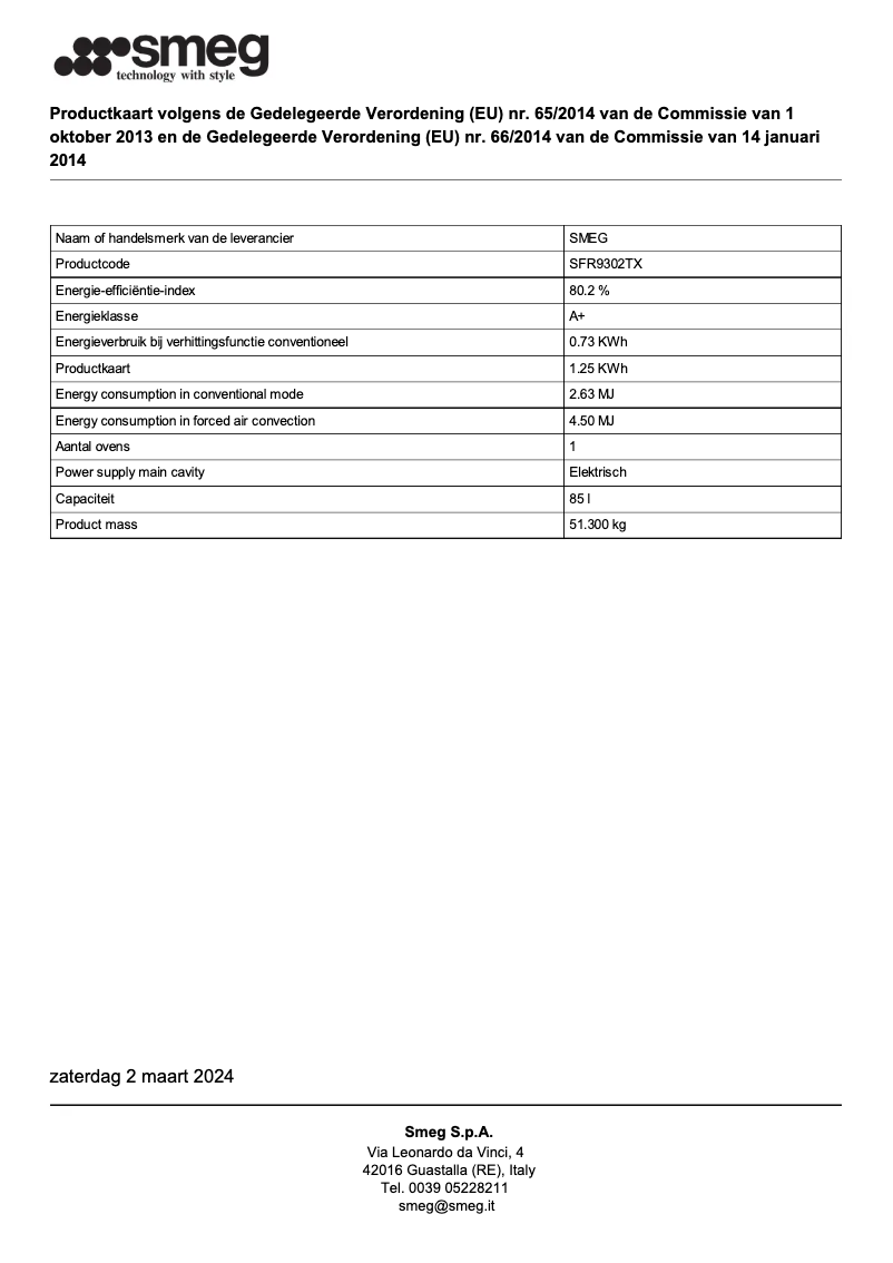 Página 1 del manual Ficha técnica Smeg SFR9302TX
