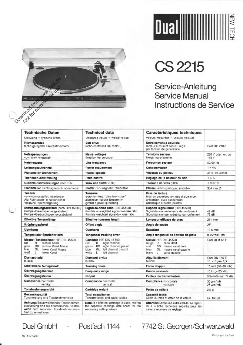 Page n°1 - Manuel utilisateur Dual CS 2215