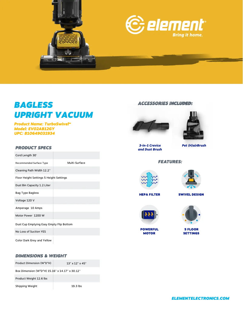 Page 1 de la notice Fiche technique Element TurboSwivel EV02AB12GY