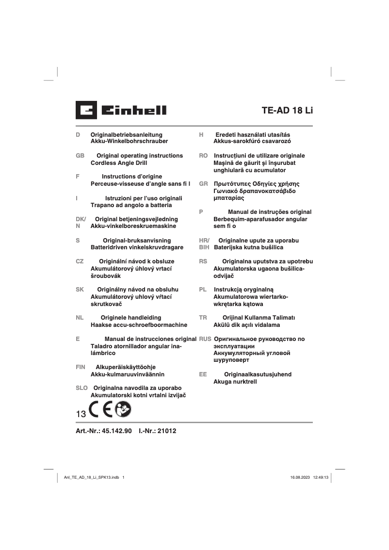 Page n°1 - Manuel utilisateur Einhell TE-AD 18 Li