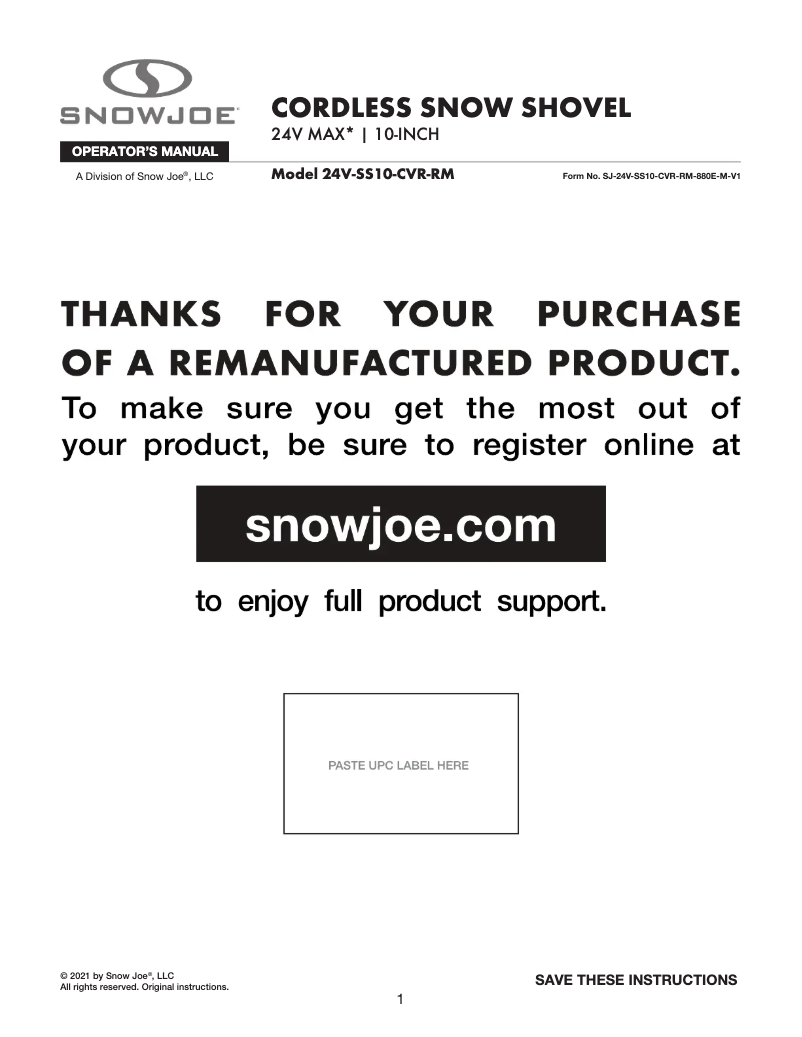 Page 1 de la notice Manuel utilisateur Snow Joe 24V-SS10-CVR-RM