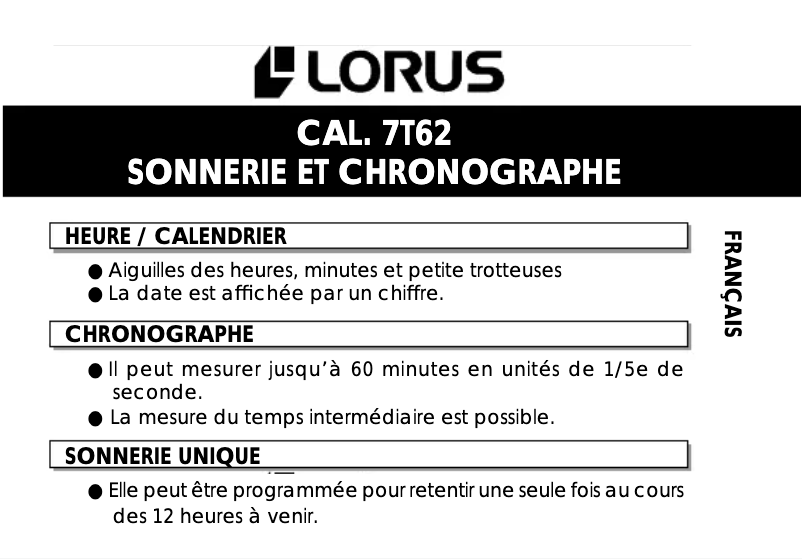 Page n°1 - Manuel utilisateur Lorus YM62