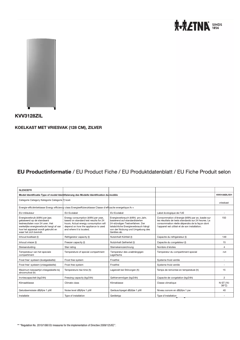 Page 1 de la notice Fiche technique Etna KVV3128ZIL