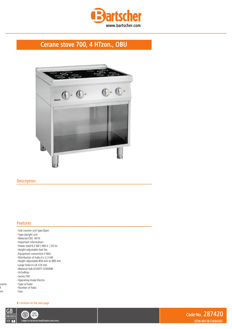 Page 1 de la notice Fiche technique Bartscher 287420