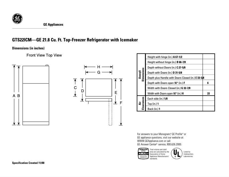 Page 1 de la notice Fiche technique GE GTS22ICMCC