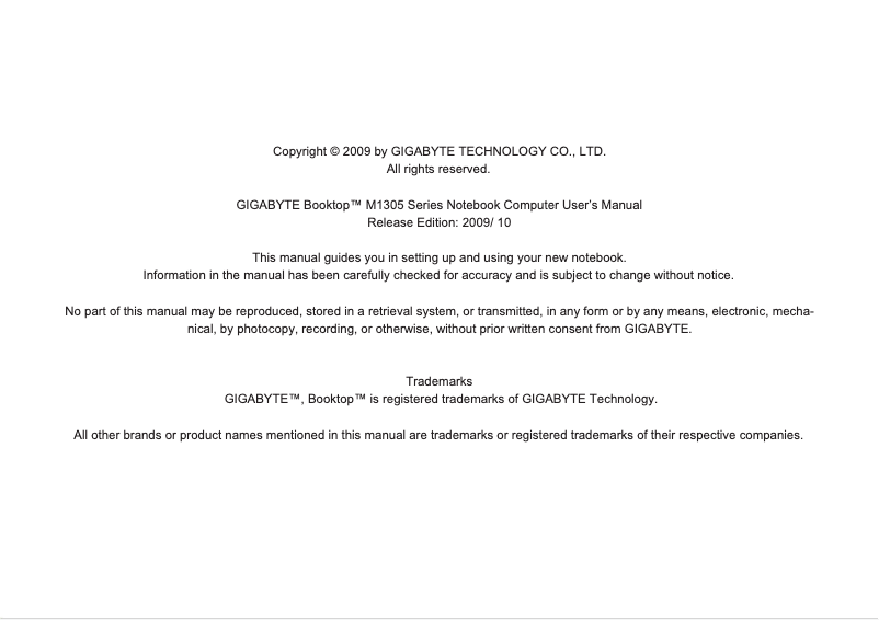 Page 1 de la notice Manuel utilisateur Gigabyte Booktop M1305