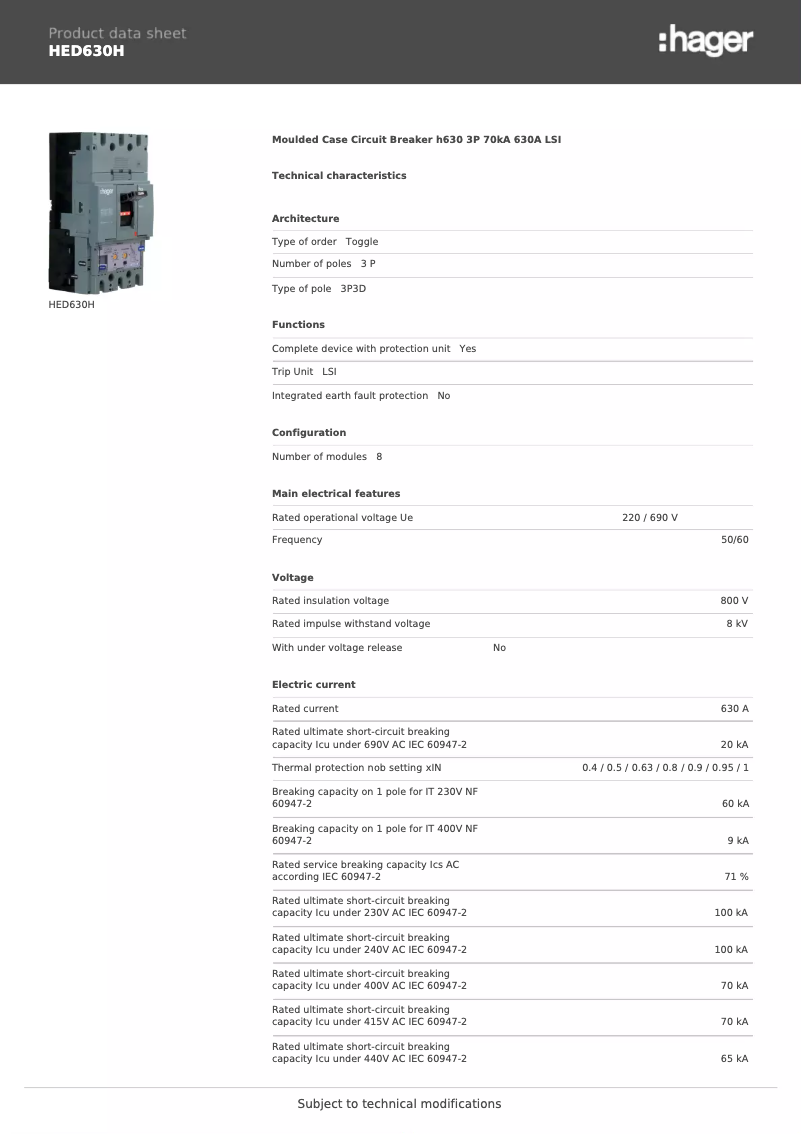Page 1 de la notice Fiche technique Hager HED630H