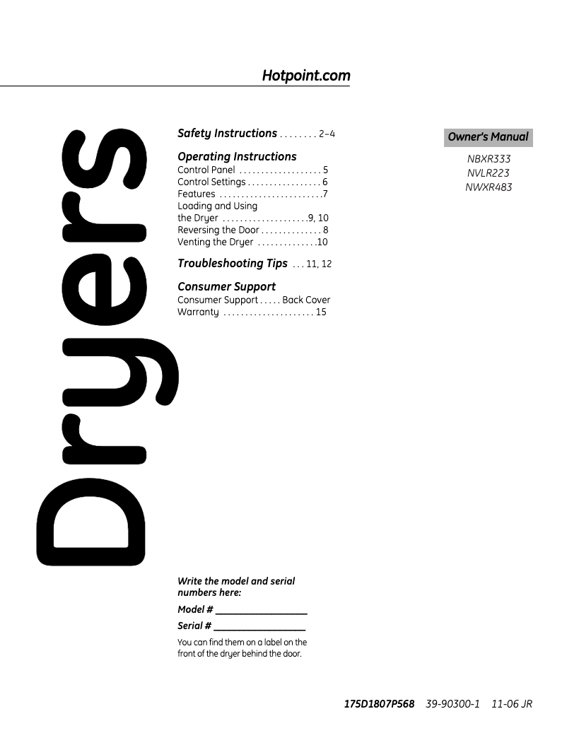 Page 1 de la notice Manuel d'utilisation et d'entretien Hotpoint NVLR223GGWW