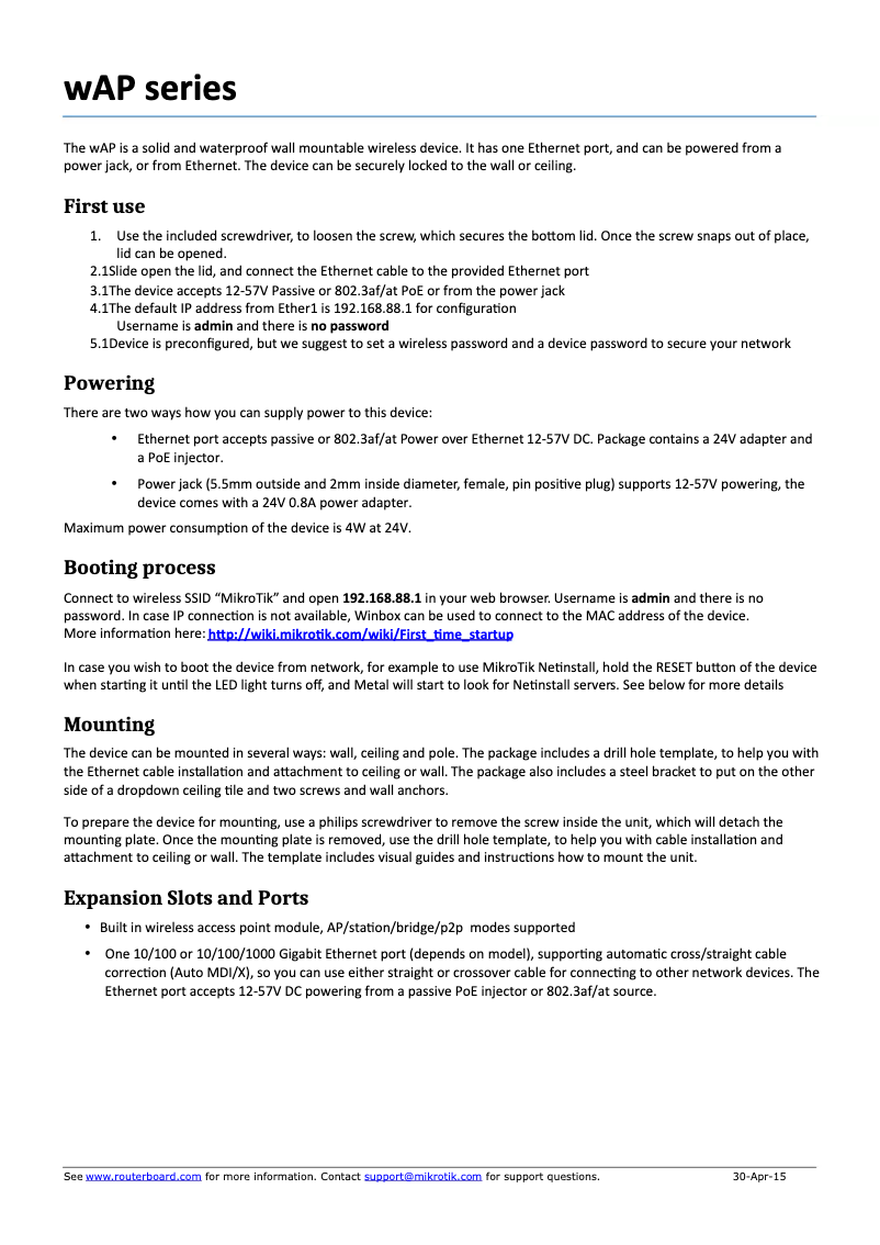 Page 1 de la notice Manuel utilisateur Mikrotik RBWAP2ND