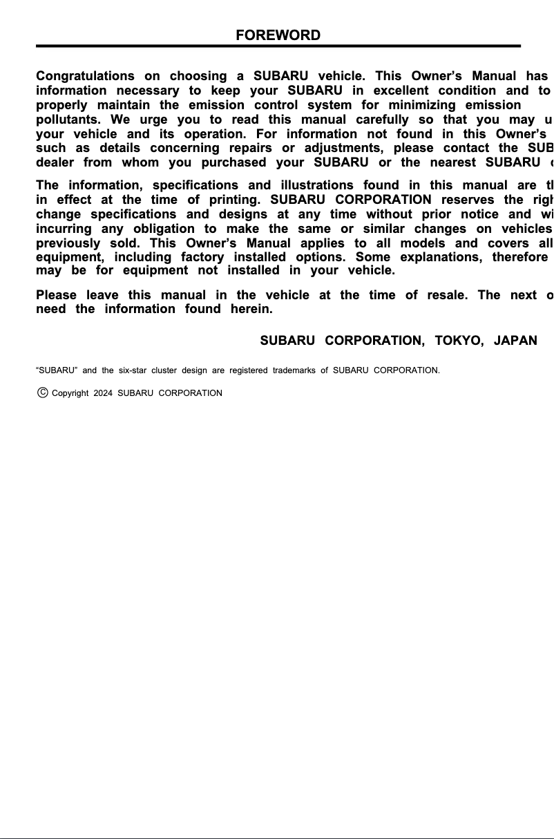 Image de la première page du manuel de l'appareil Forester Sport (2025)