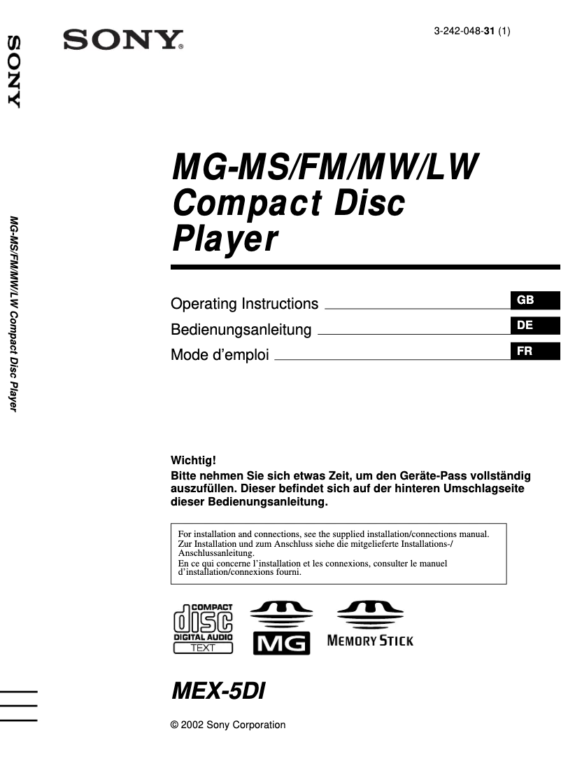 Page 1 de la notice Manuel utilisateur Sony MEX-5DI