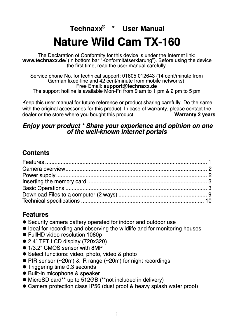 Page 1 de la notice Manuel utilisateur Technaxx Nature Wild Cam TX-160