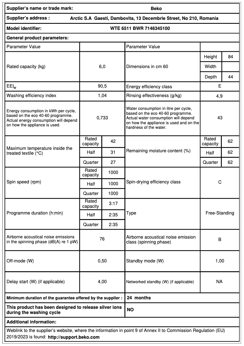 Page 1 de la notice Brochure Beko WTE 6511 BWR