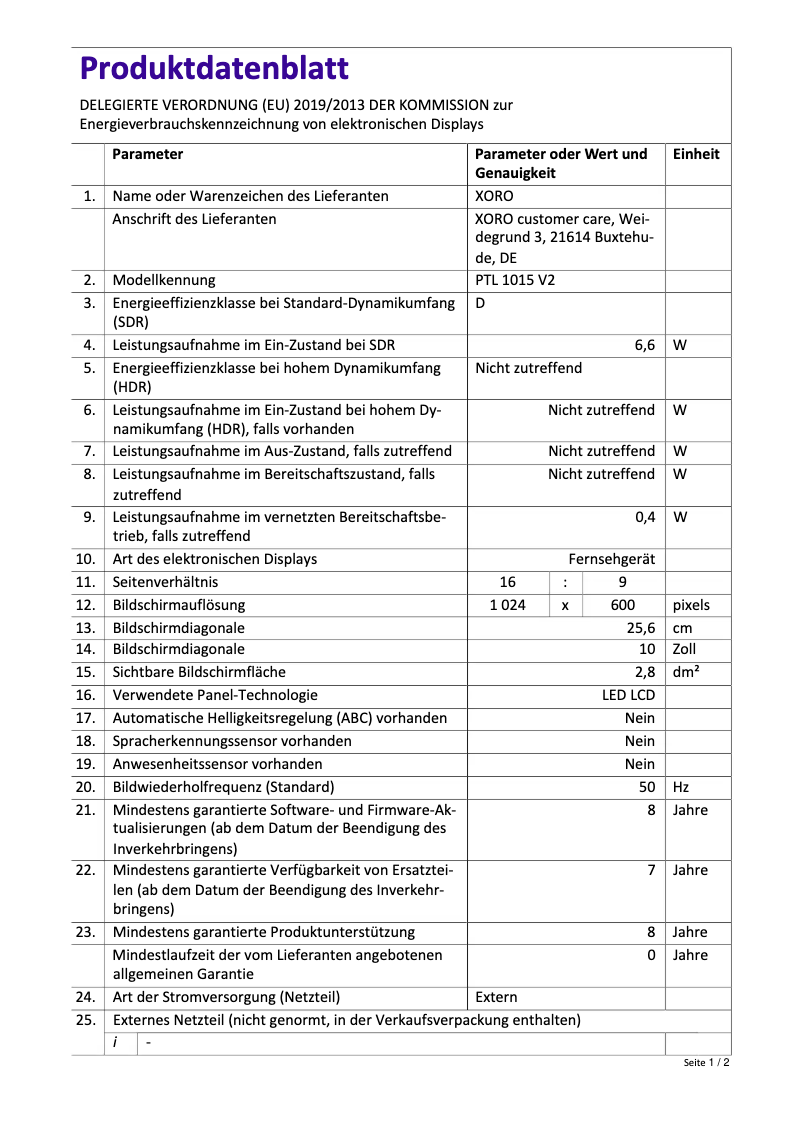 Page n°1 - Label énergétique Xoro PTL 1015 V2