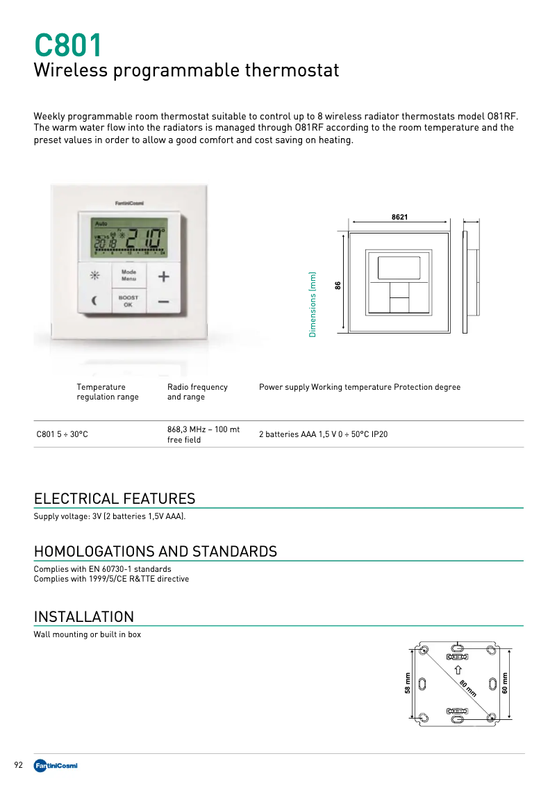 Page 1 de la notice Fiche technique Fantini Cosmi C801