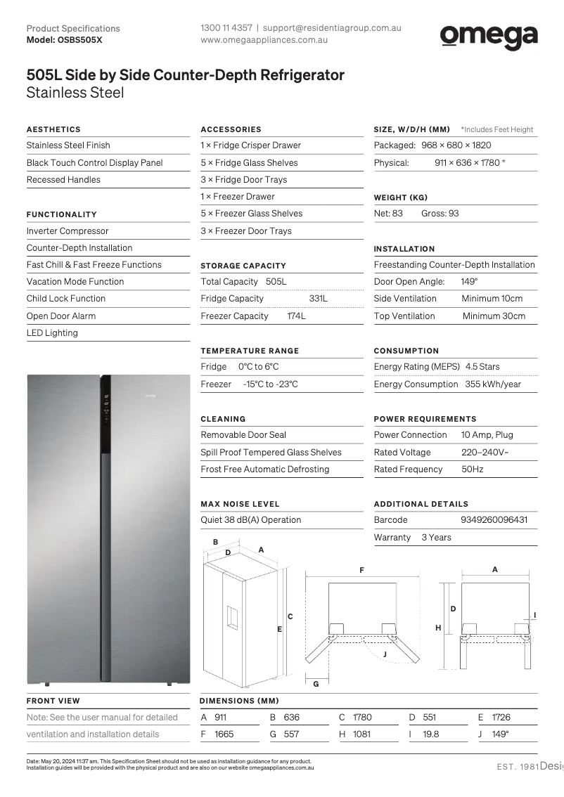Page n°1 - Fiche technique Omega OSBS505X