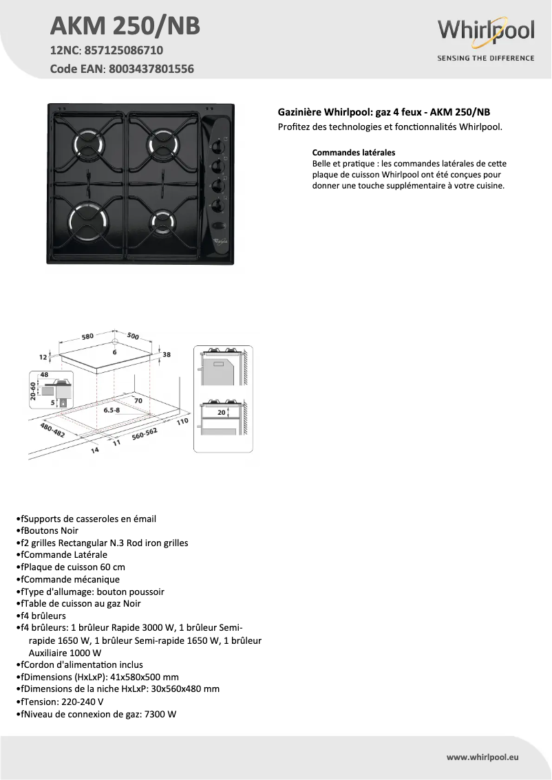 Page n°1 - Fiche technique Whirlpool AKM 250/NB